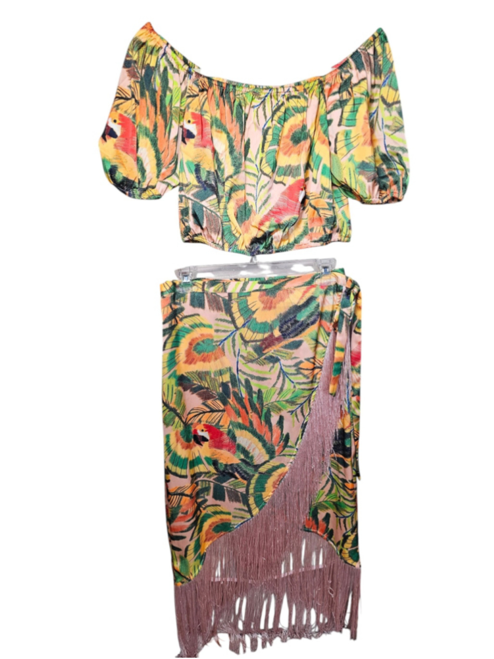 Cupcakes and Cashmere Macaw Tropical Set: Crop Top (NWT) & Fringe Wrap Skirt SM